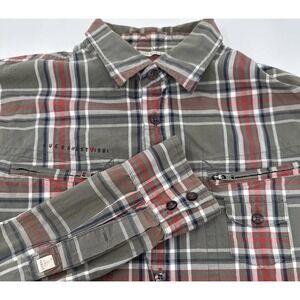 GUESS Mens L Gray Plaid Long Sleeve Button‎ Up Shirt Zipper Pockets
